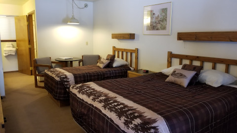 Chalet style handicap accessible room with one queen bed and one twin bed. Next to the twin bed is a table that seats two.